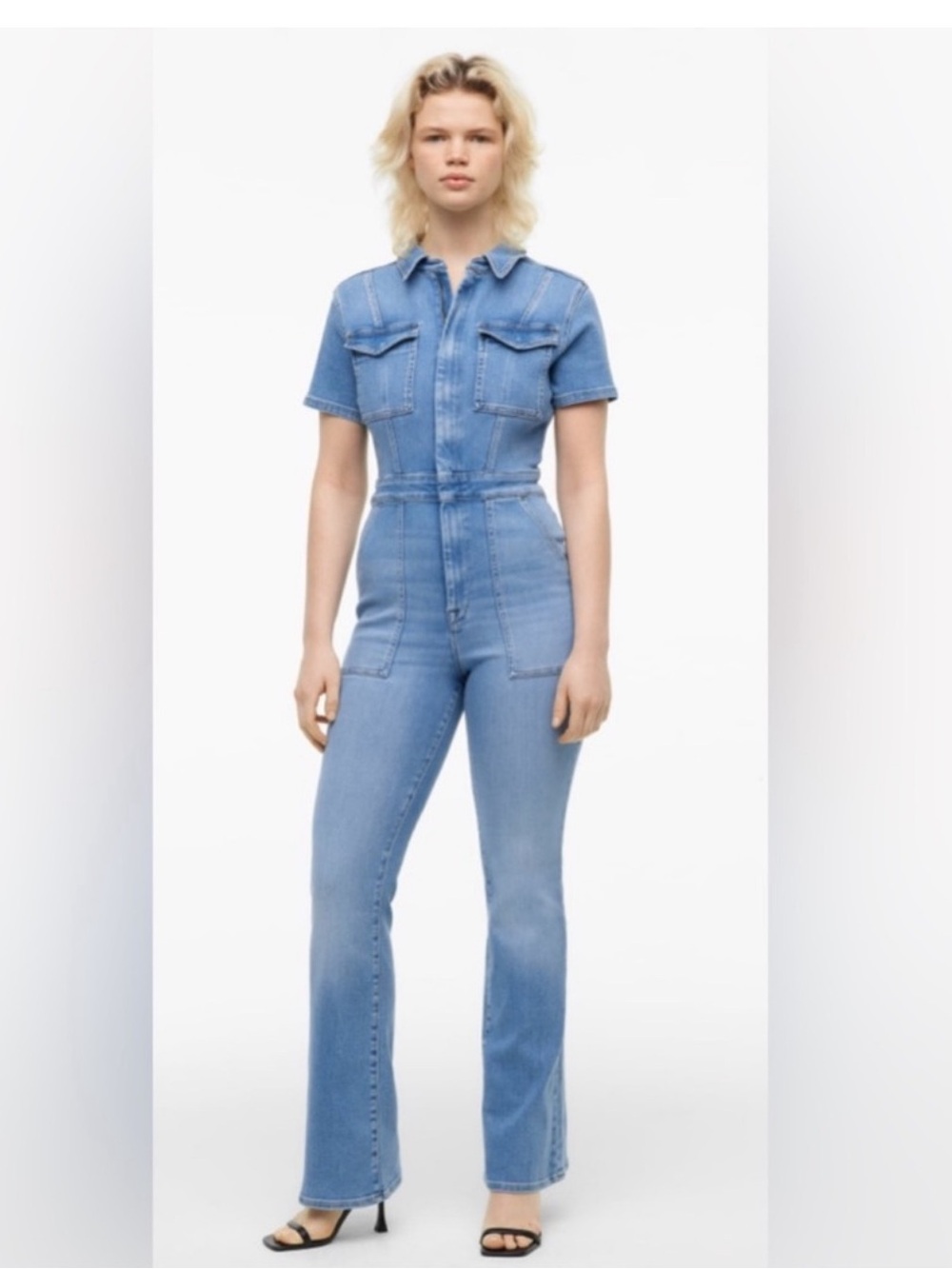 Good American Light Blue Denim Short-Sleeve Flare Jumpsuit